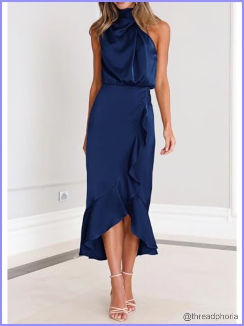 Satin Mock Neck Wrap Midi Dress Sleeveless Wedding Guest Formal - Picture 2 of 6